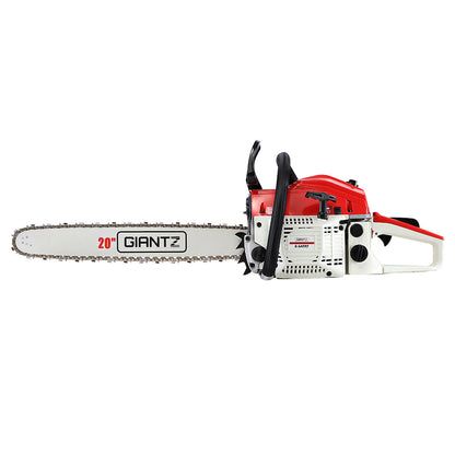 A red and white chainsaw labeled "Giantz Chainsaw Petrol 52CC 20" Bar Commercial E-Start Pruning Chain Saw White" with a 20-inch Oregon bar and chain, powered by a robust 52cc, 2-stroke petrol engine. The handle is black with a protective guard. The chainsaw boasts a powerful, rugged design and multiple controls on its side.