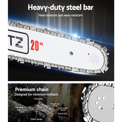 A red and white chainsaw labeled "Giantz Chainsaw Petrol 52CC 20" Bar Commercial E-Start Pruning Chain Saw White" with a 20-inch Oregon bar and chain, powered by a robust 52cc, 2-stroke petrol engine. The handle is black with a protective guard. The chainsaw boasts a powerful, rugged design and multiple controls on its side.