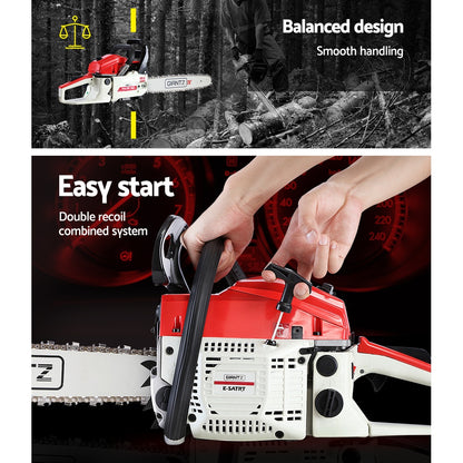 A red and white chainsaw labeled "Giantz Chainsaw Petrol 52CC 20" Bar Commercial E-Start Pruning Chain Saw White" with a 20-inch Oregon bar and chain, powered by a robust 52cc, 2-stroke petrol engine. The handle is black with a protective guard. The chainsaw boasts a powerful, rugged design and multiple controls on its side.