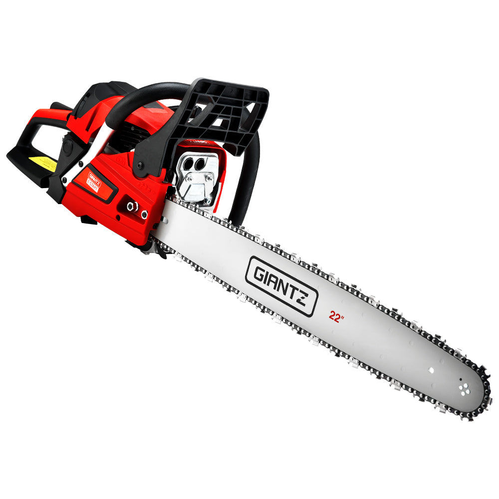 A red and black chainsaw with a silver blade labeled "Giantz Chainsaw Petrol 58CC 22" Bar Commercial E-Start Pruning Chain Saw,Giantz Chainsaw Petrol 58CC 22" Bar Commercial E-Start Pruning Chain Saw 4.2HP". Equipped with a powerful 58cc chainsaw featuring a 2-stroke petrol engine, it includes a chain guard and an ergonomic handle, designed for commercial grade sawing and heavy-duty cutting tasks.