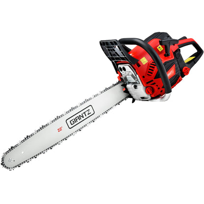 A red and black chainsaw with a silver blade labeled "Giantz Chainsaw Petrol 58CC 22" Bar Commercial E-Start Pruning Chain Saw,Giantz Chainsaw Petrol 58CC 22" Bar Commercial E-Start Pruning Chain Saw 4.2HP". Equipped with a powerful 58cc chainsaw featuring a 2-stroke petrol engine, it includes a chain guard and an ergonomic handle, designed for commercial grade sawing and heavy-duty cutting tasks.