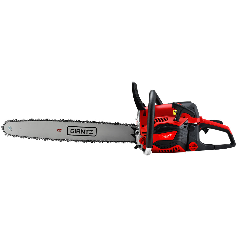 A red and black chainsaw with a silver blade labeled "Giantz Chainsaw Petrol 58CC 22" Bar Commercial E-Start Pruning Chain Saw,Giantz Chainsaw Petrol 58CC 22" Bar Commercial E-Start Pruning Chain Saw 4.2HP". Equipped with a powerful 58cc chainsaw featuring a 2-stroke petrol engine, it includes a chain guard and an ergonomic handle, designed for commercial grade sawing and heavy-duty cutting tasks.