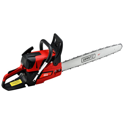 A red and black chainsaw with a silver blade labeled "Giantz Chainsaw Petrol 58CC 22" Bar Commercial E-Start Pruning Chain Saw,Giantz Chainsaw Petrol 58CC 22" Bar Commercial E-Start Pruning Chain Saw 4.2HP". Equipped with a powerful 58cc chainsaw featuring a 2-stroke petrol engine, it includes a chain guard and an ergonomic handle, designed for commercial grade sawing and heavy-duty cutting tasks.