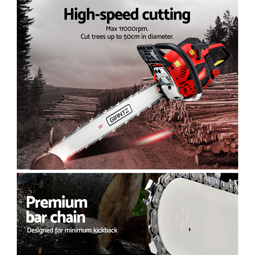 A red and black chainsaw with a silver blade labeled "Giantz Chainsaw Petrol 58CC 22" Bar Commercial E-Start Pruning Chain Saw,Giantz Chainsaw Petrol 58CC 22" Bar Commercial E-Start Pruning Chain Saw 4.2HP". Equipped with a powerful 58cc chainsaw featuring a 2-stroke petrol engine, it includes a chain guard and an ergonomic handle, designed for commercial grade sawing and heavy-duty cutting tasks.