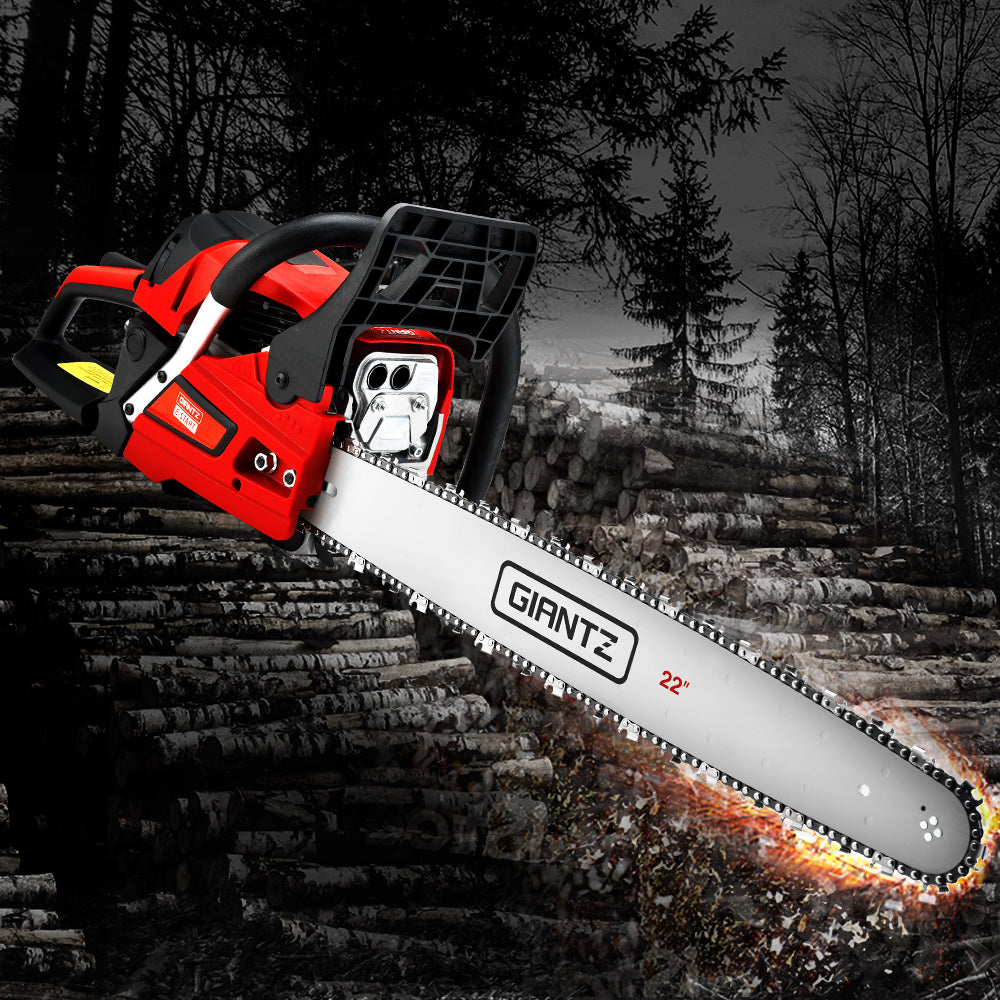 A red and black chainsaw with a silver blade labeled "Giantz Chainsaw Petrol 58CC 22" Bar Commercial E-Start Pruning Chain Saw,Giantz Chainsaw Petrol 58CC 22" Bar Commercial E-Start Pruning Chain Saw 4.2HP". Equipped with a powerful 58cc chainsaw featuring a 2-stroke petrol engine, it includes a chain guard and an ergonomic handle, designed for commercial grade sawing and heavy-duty cutting tasks.