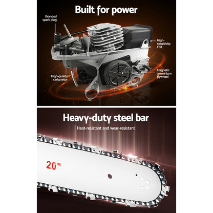 A red and black Giantz Chainsaw Petrol 52CC 20" Bar Commercial E-Start Pruning Chain Saw,Giantz Chainsaw Petrol 52CC 20" Bar Commercial E-Start Pruning Chain Saw 4.0HP is shown in this image. The blade is branded with the name "GIANTZ". This commercial grade sawing tool features a sturdy handle and safety guard around the chain area, powered by a robust 2-stroke petrol engine.