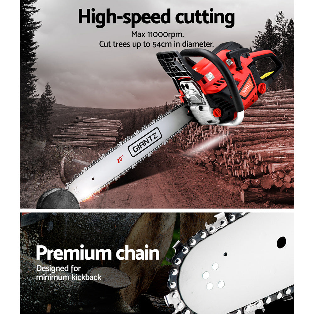 A red and black Giantz Chainsaw Petrol 52CC 20" Bar Commercial E-Start Pruning Chain Saw,Giantz Chainsaw Petrol 52CC 20" Bar Commercial E-Start Pruning Chain Saw 4.0HP is shown in this image. The blade is branded with the name "GIANTZ". This commercial grade sawing tool features a sturdy handle and safety guard around the chain area, powered by a robust 2-stroke petrol engine.