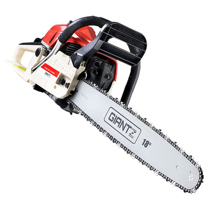 A red and white Giantz Chainsaw Petrol 75CC 18" Bar Commercial E-Start Pruning Chain Saw with an 18-inch blade, featuring a durable Oregon chain, is displayed against a plain white background. The saw boasts a large black handle and visible safety features, including a black hand guard and chain brake, making it ideal for premium commercial-grade tasks.