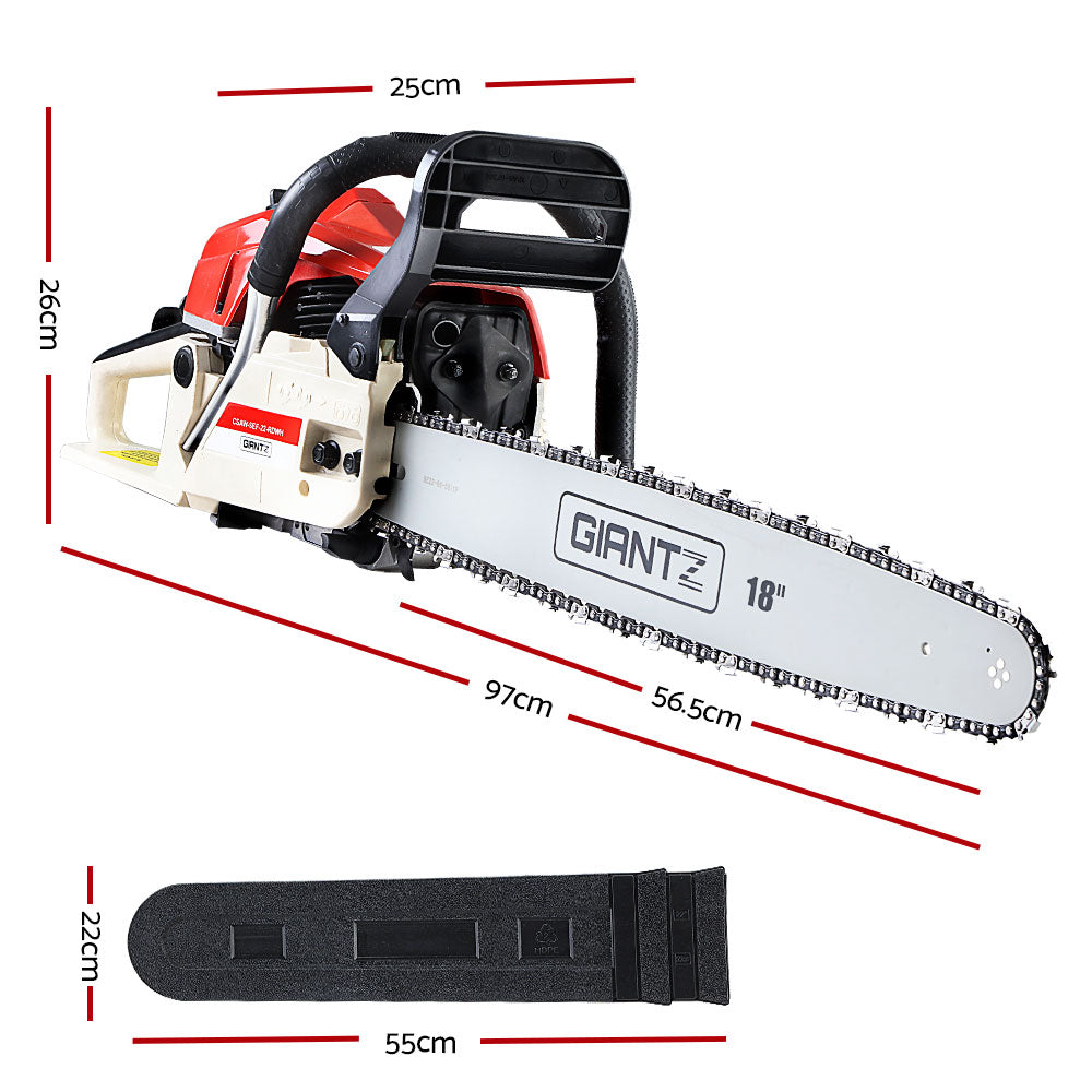 A red and white Giantz Chainsaw Petrol 75CC 18" Bar Commercial E-Start Pruning Chain Saw with an 18-inch blade, featuring a durable Oregon chain, is displayed against a plain white background. The saw boasts a large black handle and visible safety features, including a black hand guard and chain brake, making it ideal for premium commercial-grade tasks.