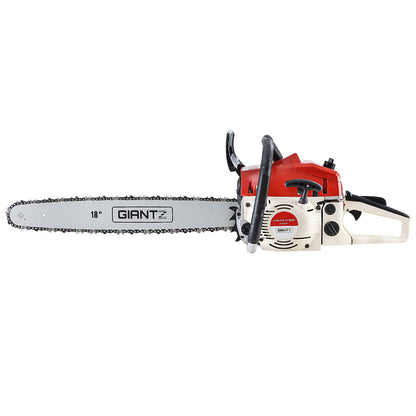 A red and white Giantz Chainsaw Petrol 75CC 18" Bar Commercial E-Start Pruning Chain Saw with an 18-inch blade, featuring a durable Oregon chain, is displayed against a plain white background. The saw boasts a large black handle and visible safety features, including a black hand guard and chain brake, making it ideal for premium commercial-grade tasks.