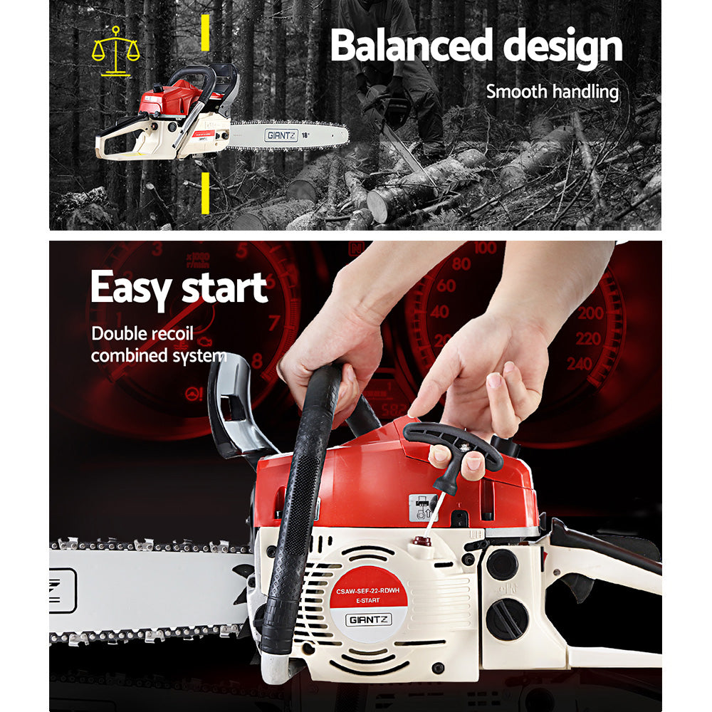 A red and white Giantz Chainsaw Petrol 75CC 18" Bar Commercial E-Start Pruning Chain Saw with an 18-inch blade, featuring a durable Oregon chain, is displayed against a plain white background. The saw boasts a large black handle and visible safety features, including a black hand guard and chain brake, making it ideal for premium commercial-grade tasks.