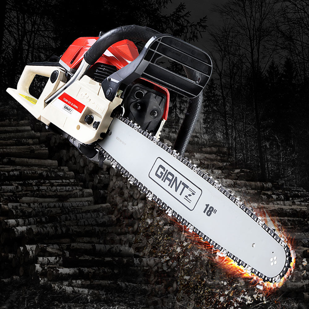 A red and white Giantz Chainsaw Petrol 75CC 18" Bar Commercial E-Start Pruning Chain Saw with an 18-inch blade, featuring a durable Oregon chain, is displayed against a plain white background. The saw boasts a large black handle and visible safety features, including a black hand guard and chain brake, making it ideal for premium commercial-grade tasks.