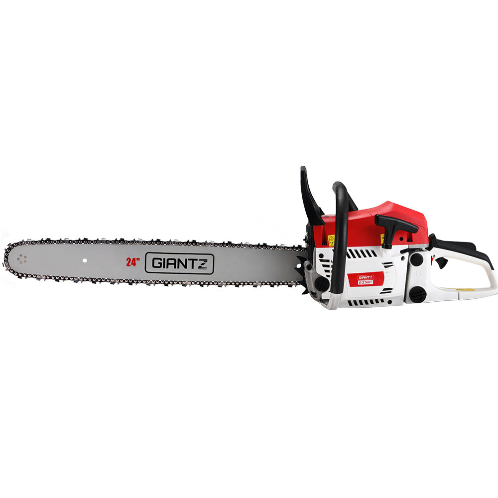 A red and white Giantz Chainsaw Petrol 72CC 24" Bar Commercial E-Start Pruning Chain Saw, Giantz Chainsaw Petrol 72CC 24" Bar Commercial E-Start Pruning Chain Saw 5.5HP with a long silver blade and black handles. The high-power cutting chainsaw has the brand name "GIANTZ" written on the side of the blade and a "24P" marking to the left of it. The body features various controls, safety guards, and an adjustable oil feeding system.