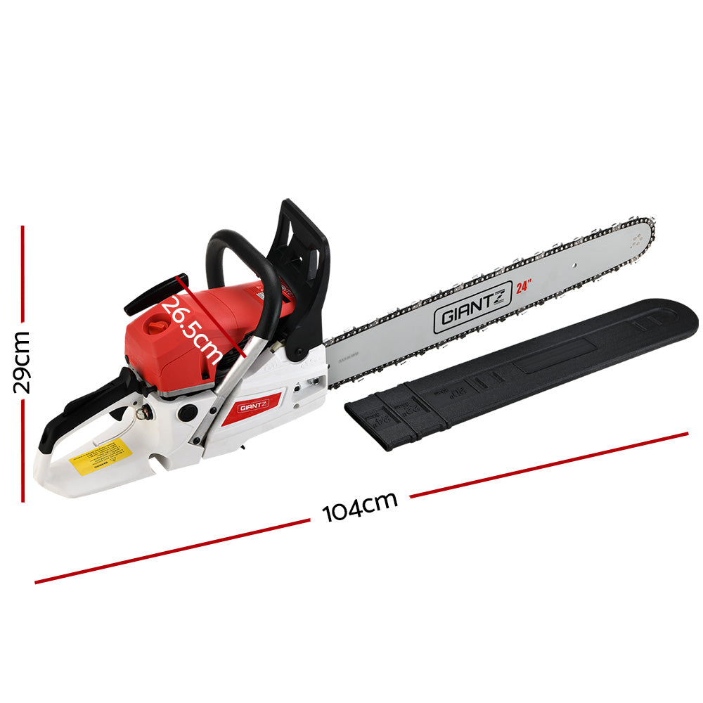 A red and white Giantz Chainsaw Petrol 72CC 24" Bar Commercial E-Start Pruning Chain Saw, Giantz Chainsaw Petrol 72CC 24" Bar Commercial E-Start Pruning Chain Saw 5.5HP with a long silver blade and black handles. The high-power cutting chainsaw has the brand name "GIANTZ" written on the side of the blade and a "24P" marking to the left of it. The body features various controls, safety guards, and an adjustable oil feeding system.