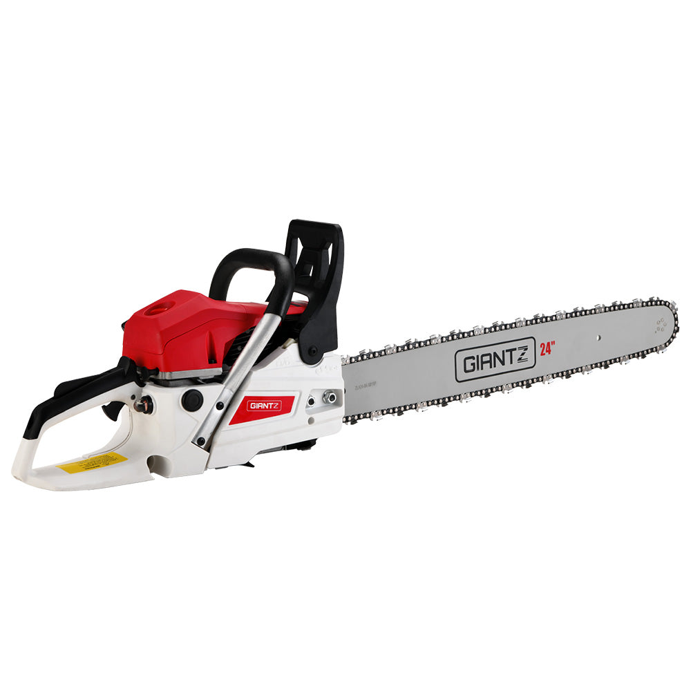 A red and white Giantz Chainsaw Petrol 72CC 24" Bar Commercial E-Start Pruning Chain Saw, Giantz Chainsaw Petrol 72CC 24" Bar Commercial E-Start Pruning Chain Saw 5.5HP with a long silver blade and black handles. The high-power cutting chainsaw has the brand name "GIANTZ" written on the side of the blade and a "24P" marking to the left of it. The body features various controls, safety guards, and an adjustable oil feeding system.