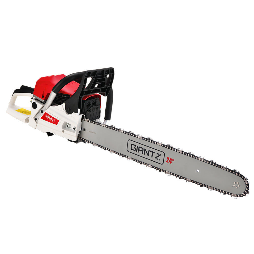 A red and white Giantz Chainsaw Petrol 72CC 24" Bar Commercial E-Start Pruning Chain Saw, Giantz Chainsaw Petrol 72CC 24" Bar Commercial E-Start Pruning Chain Saw 5.5HP with a long silver blade and black handles. The high-power cutting chainsaw has the brand name "GIANTZ" written on the side of the blade and a "24P" marking to the left of it. The body features various controls, safety guards, and an adjustable oil feeding system.