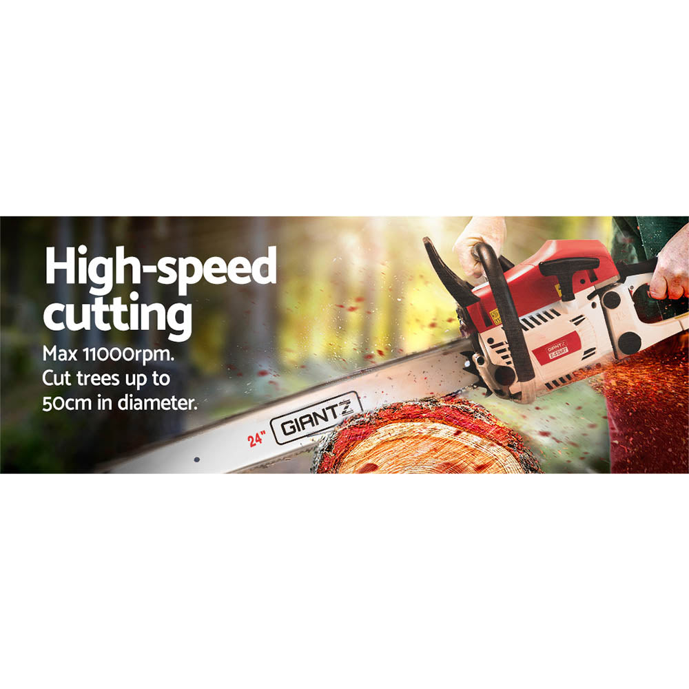 A red and white Giantz Chainsaw Petrol 72CC 24" Bar Commercial E-Start Pruning Chain Saw, Giantz Chainsaw Petrol 72CC 24" Bar Commercial E-Start Pruning Chain Saw 5.5HP with a long silver blade and black handles. The high-power cutting chainsaw has the brand name "GIANTZ" written on the side of the blade and a "24P" marking to the left of it. The body features various controls, safety guards, and an adjustable oil feeding system.