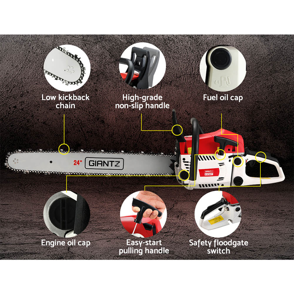 A red and white Giantz Chainsaw Petrol 72CC 24" Bar Commercial E-Start Pruning Chain Saw, Giantz Chainsaw Petrol 72CC 24" Bar Commercial E-Start Pruning Chain Saw 5.5HP with a long silver blade and black handles. The high-power cutting chainsaw has the brand name "GIANTZ" written on the side of the blade and a "24P" marking to the left of it. The body features various controls, safety guards, and an adjustable oil feeding system.