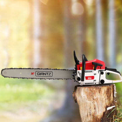 A red and white Giantz Chainsaw Petrol 72CC 24" Bar Commercial E-Start Pruning Chain Saw, Giantz Chainsaw Petrol 72CC 24" Bar Commercial E-Start Pruning Chain Saw 5.5HP with a long silver blade and black handles. The high-power cutting chainsaw has the brand name "GIANTZ" written on the side of the blade and a "24P" marking to the left of it. The body features various controls, safety guards, and an adjustable oil feeding system.