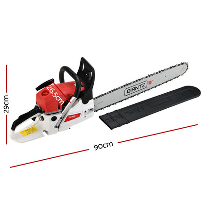 A red and white 20-inch Giantz Chainsaw Petrol 62CC Bar Commercial E-Start Pruning Chain Saw Spark Plug, Giantz Chainsaw Petrol 62CC 20" Bar Commercial Chain Saw E-Start Pruning 4.5HP with a long serrated blade, black handle, and motor unit. Featuring a high-power cutting ability, the blade is prominently marked with the brand name "GIANTZ". The chainsaw is set against a white background.