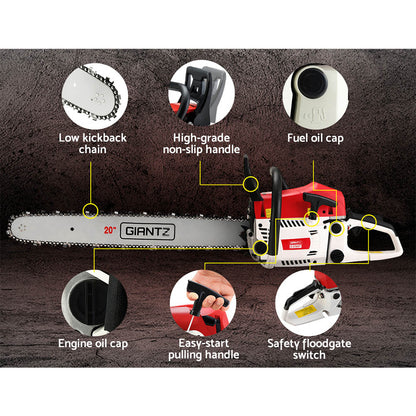 A red and white 20-inch Giantz Chainsaw Petrol 62CC Bar Commercial E-Start Pruning Chain Saw Spark Plug, Giantz Chainsaw Petrol 62CC 20" Bar Commercial Chain Saw E-Start Pruning 4.5HP with a long serrated blade, black handle, and motor unit. Featuring a high-power cutting ability, the blade is prominently marked with the brand name "GIANTZ". The chainsaw is set against a white background.