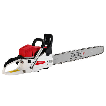 A large, red and white Giantz Chainsaw Petrol 62CC 22" Bar Commercial E-Start Pruning Chain Saw,Giantz Chainsaw Petrol 62CC 22" Bar Commercial E-Start Pruning Chain Saw 5.2HP with a high-power cutting 22" blade is displayed against a plain white background. The brand "GIANTZ" is visible on the blade, and the chainsaw features a black handle for grip and control alongside an advanced anti-vibration system.