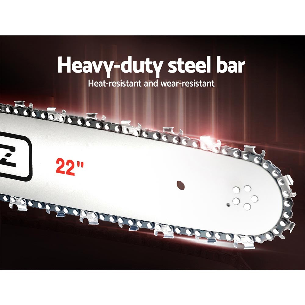 A large, red and white Giantz Chainsaw Petrol 62CC 22" Bar Commercial E-Start Pruning Chain Saw,Giantz Chainsaw Petrol 62CC 22" Bar Commercial E-Start Pruning Chain Saw 5.2HP with a high-power cutting 22" blade is displayed against a plain white background. The brand "GIANTZ" is visible on the blade, and the chainsaw features a black handle for grip and control alongside an advanced anti-vibration system.