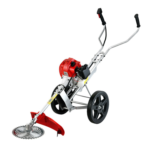 A Giantz 62cc Petrol Brush Cutter Whipper Saw Trimmer 2 Stroke 3-in-1 Wheel with a Tri-blade Cutter and protective guard mounted on two large wheels. It features handlebars for control and a powerful 62cc 2-stroke petrol engine. The trimmer appears ready for use in yard maintenance or landscaping.