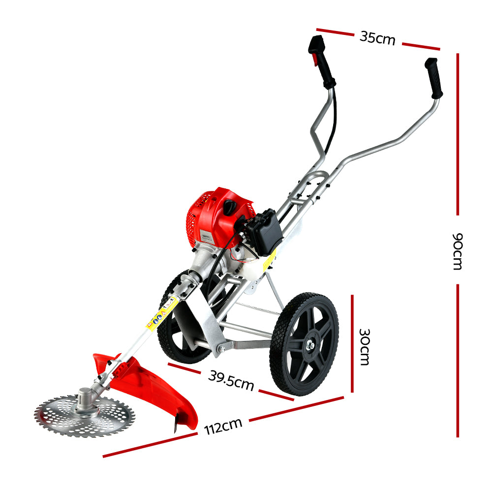 A Giantz 62cc Petrol Brush Cutter Whipper Saw Trimmer 2 Stroke 3-in-1 Wheel with a Tri-blade Cutter and protective guard mounted on two large wheels. It features handlebars for control and a powerful 62cc 2-stroke petrol engine. The trimmer appears ready for use in yard maintenance or landscaping.