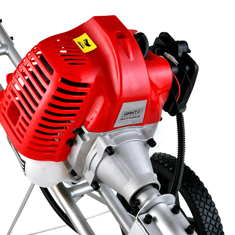 A Giantz 62cc Petrol Brush Cutter Whipper Saw Trimmer 2 Stroke 3-in-1 Wheel with a Tri-blade Cutter and protective guard mounted on two large wheels. It features handlebars for control and a powerful 62cc 2-stroke petrol engine. The trimmer appears ready for use in yard maintenance or landscaping.