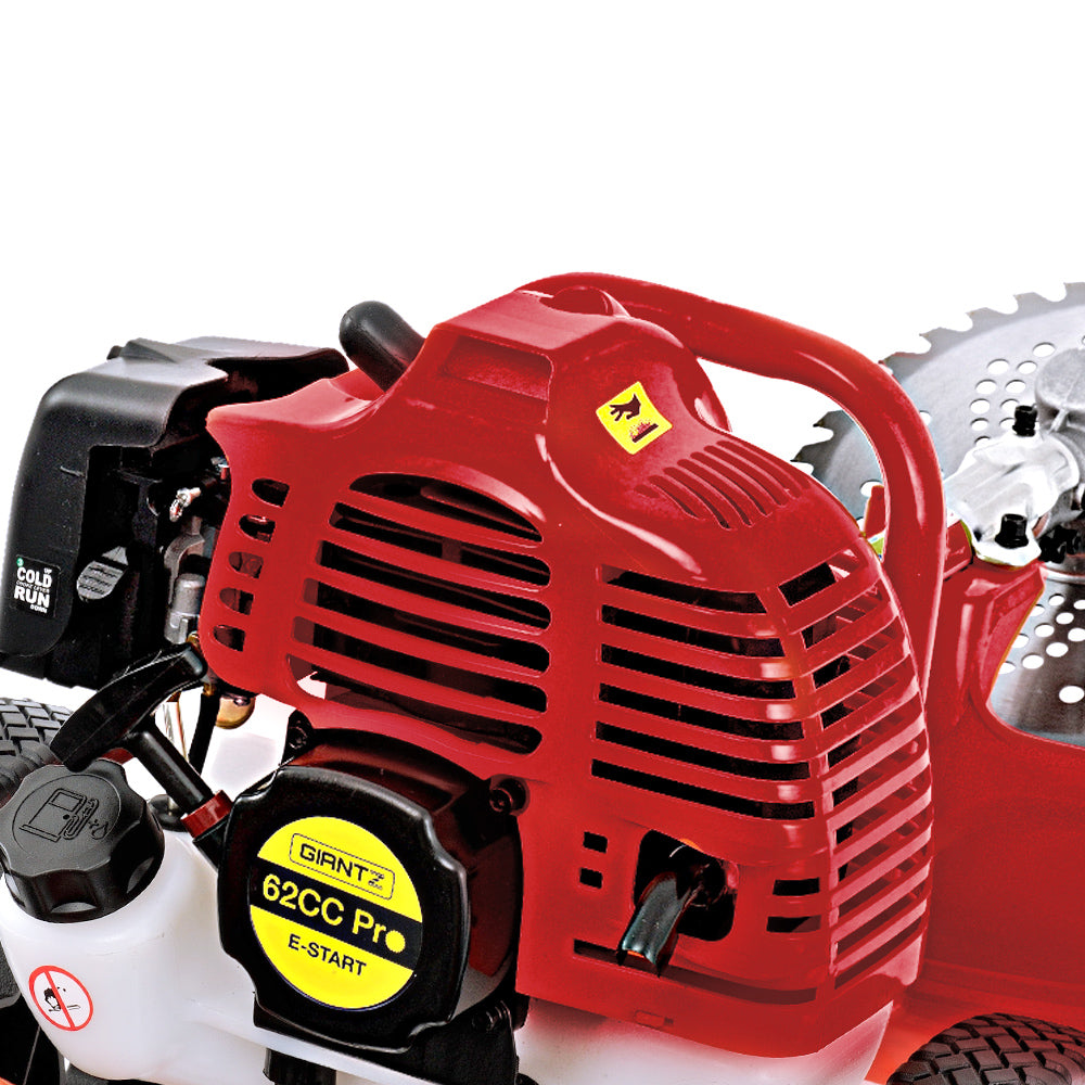 A Giantz 62cc Petrol Brush Cutter Whipper Saw Trimmer 2 Stroke 3-in-1 Wheel with a Tri-blade Cutter and protective guard mounted on two large wheels. It features handlebars for control and a powerful 62cc 2-stroke petrol engine. The trimmer appears ready for use in yard maintenance or landscaping.