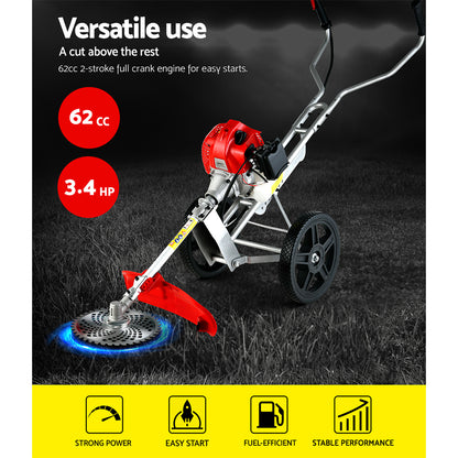 A Giantz 62cc Petrol Brush Cutter Whipper Saw Trimmer 2 Stroke 3-in-1 Wheel with a Tri-blade Cutter and protective guard mounted on two large wheels. It features handlebars for control and a powerful 62cc 2-stroke petrol engine. The trimmer appears ready for use in yard maintenance or landscaping.