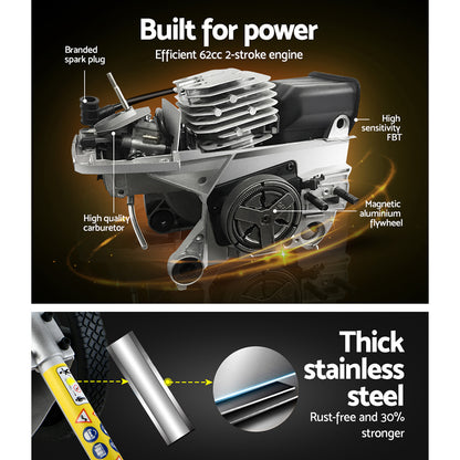 A Giantz 62cc Petrol Brush Cutter Whipper Saw Trimmer 2 Stroke 3-in-1 Wheel with a Tri-blade Cutter and protective guard mounted on two large wheels. It features handlebars for control and a powerful 62cc 2-stroke petrol engine. The trimmer appears ready for use in yard maintenance or landscaping.