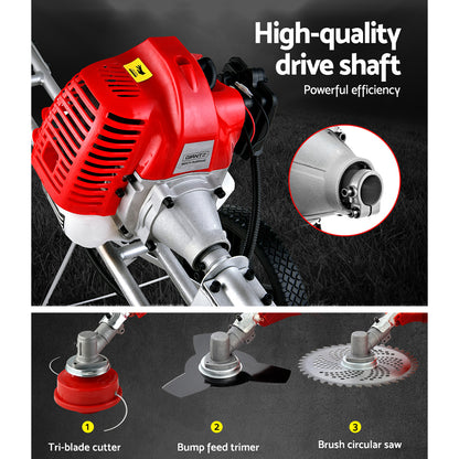 A Giantz 62cc Petrol Brush Cutter Whipper Saw Trimmer 2 Stroke 3-in-1 Wheel with a Tri-blade Cutter and protective guard mounted on two large wheels. It features handlebars for control and a powerful 62cc 2-stroke petrol engine. The trimmer appears ready for use in yard maintenance or landscaping.