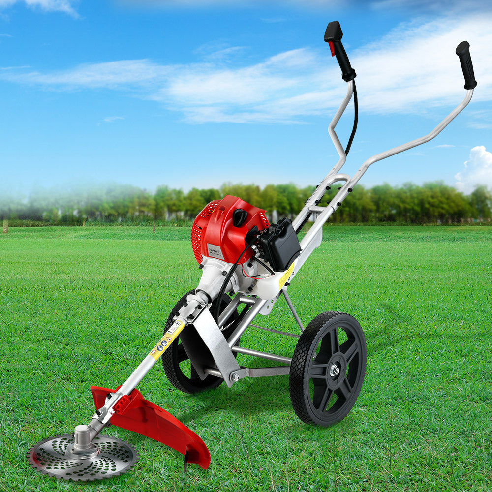 A Giantz 62cc Petrol Brush Cutter Whipper Saw Trimmer 2 Stroke 3-in-1 Wheel with a Tri-blade Cutter and protective guard mounted on two large wheels. It features handlebars for control and a powerful 62cc 2-stroke petrol engine. The trimmer appears ready for use in yard maintenance or landscaping.