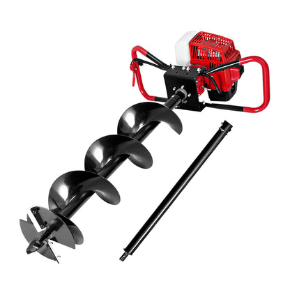 A handheld Giantz 92CC Post Hole Digger 200mm Petrol Drill Extension Auger Bits with a red motor housing, black handles, and a large black spiral drill bit. Powered by a potent 92cc engine, this Petrol Post Hole Borer is designed for drilling holes in the ground. An additional black extension rod is included for extra length.