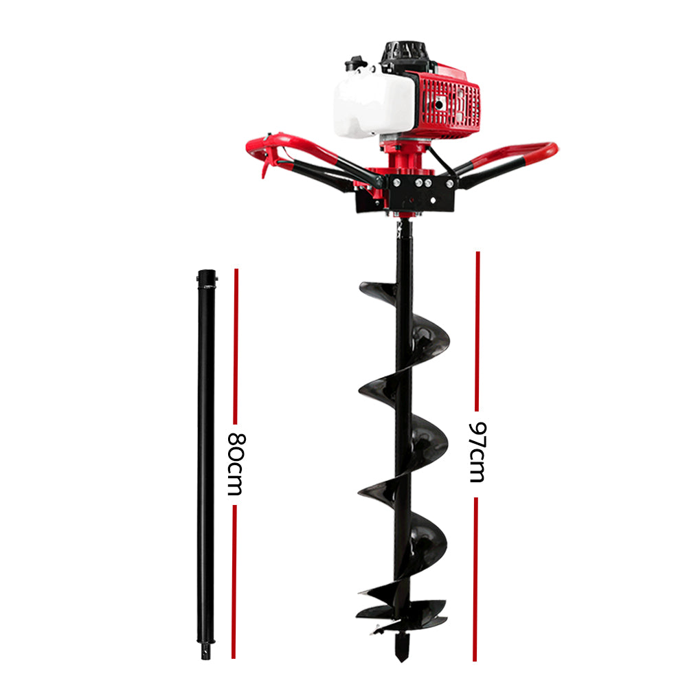 A handheld Giantz 92CC Post Hole Digger 200mm Petrol Drill Extension Auger Bits with a red motor housing, black handles, and a large black spiral drill bit. Powered by a potent 92cc engine, this Petrol Post Hole Borer is designed for drilling holes in the ground. An additional black extension rod is included for extra length.