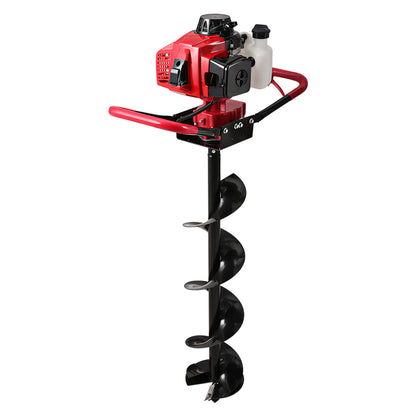 A handheld Giantz 92CC Post Hole Digger 200mm Petrol Drill Extension Auger Bits with a red motor housing, black handles, and a large black spiral drill bit. Powered by a potent 92cc engine, this Petrol Post Hole Borer is designed for drilling holes in the ground. An additional black extension rod is included for extra length.