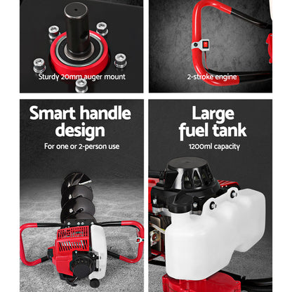 A handheld Giantz 92CC Post Hole Digger 200mm Petrol Drill Extension Auger Bits with a red motor housing, black handles, and a large black spiral drill bit. Powered by a potent 92cc engine, this Petrol Post Hole Borer is designed for drilling holes in the ground. An additional black extension rod is included for extra length.