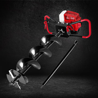 A handheld Giantz 92CC Post Hole Digger 200mm Petrol Drill Extension Auger Bits with a red motor housing, black handles, and a large black spiral drill bit. Powered by a potent 92cc engine, this Petrol Post Hole Borer is designed for drilling holes in the ground. An additional black extension rod is included for extra length.