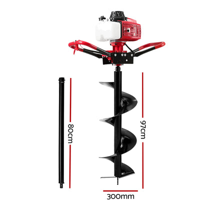 Image of a red and black Giantz 92CC Post Hole Digger 300mm Petrol Drill Extension Auger Bits. This petrol post hole borer features a 92cc engine, a red protective guard around the engine, a white fuel tank, and a large black spiral drill bit designed for easy penetration into the ground. The detachable drill bit is shown alongside the main unit.