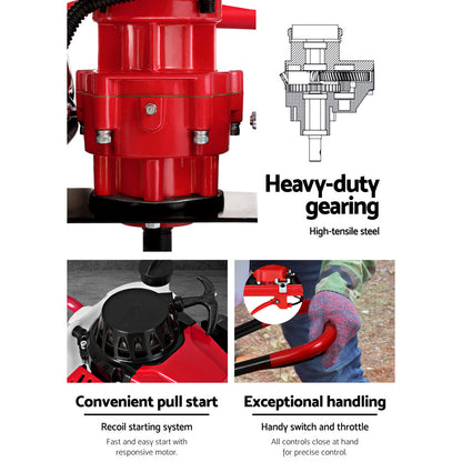 Image of a red and black Giantz 92CC Post Hole Digger 300mm Petrol Drill Extension Auger Bits. This petrol post hole borer features a 92cc engine, a red protective guard around the engine, a white fuel tank, and a large black spiral drill bit designed for easy penetration into the ground. The detachable drill bit is shown alongside the main unit.