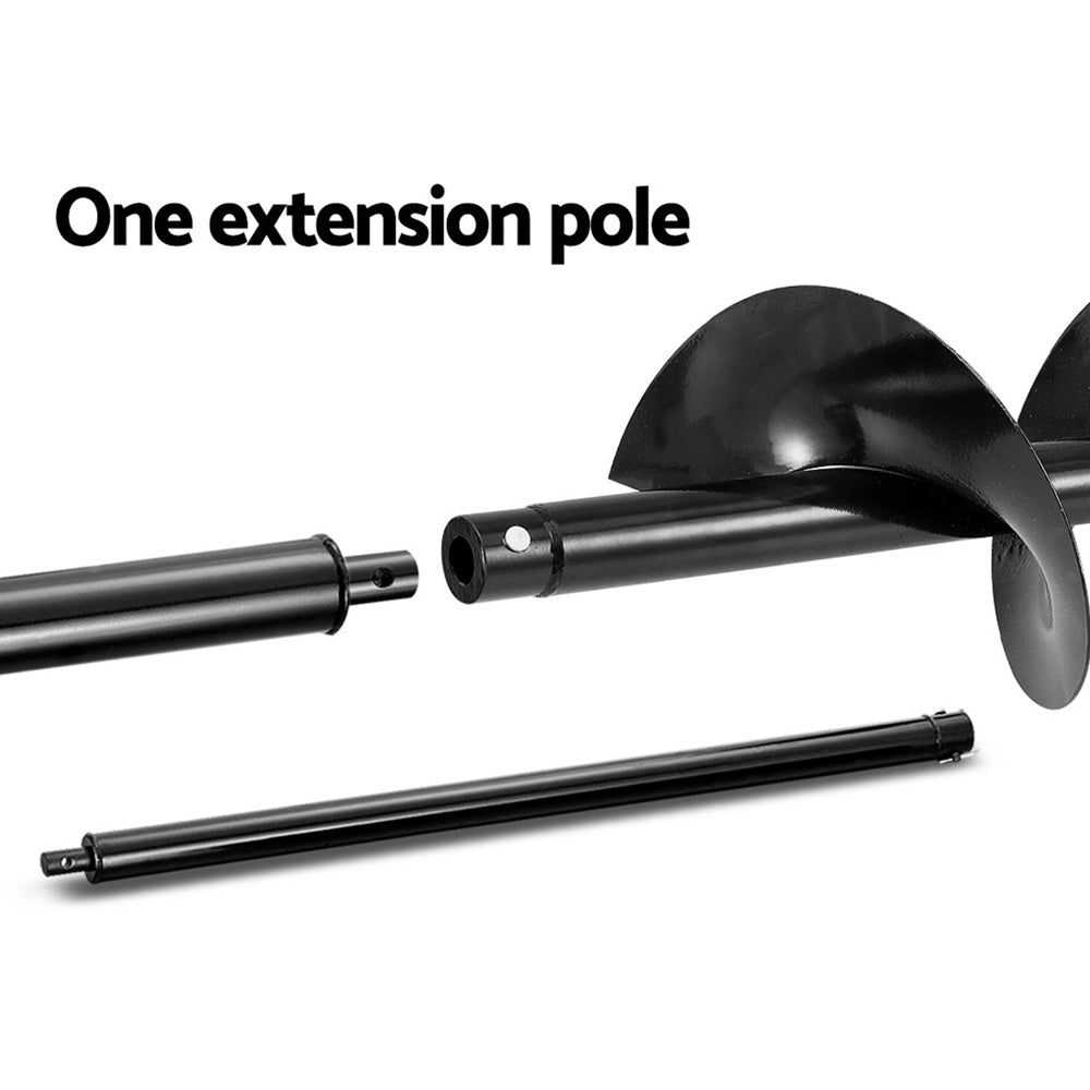 Image of a red and black Giantz 92CC Post Hole Digger 300mm Petrol Drill Extension Auger Bits. This petrol post hole borer features a 92cc engine, a red protective guard around the engine, a white fuel tank, and a large black spiral drill bit designed for easy penetration into the ground. The detachable drill bit is shown alongside the main unit.