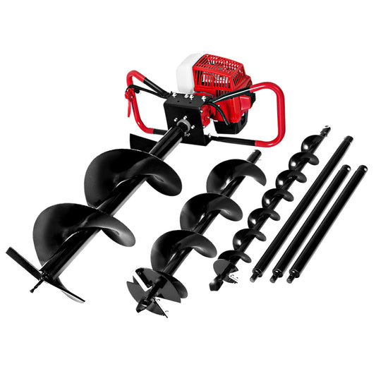 An image of a red and black Giantz Post Hole Digger 92CC Petrol Motor Drill Borer Fence Extension Auger Bits with three different-sized spiral drill bits and two extension rods laid out on a white background. The auger, featuring a vertical gearbox design, appears to be designed for drilling holes into the ground.