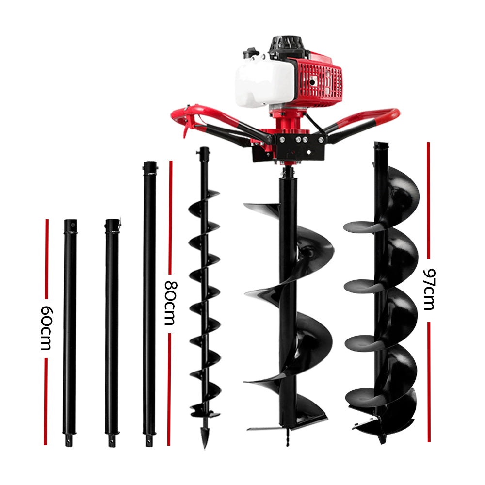 An image of a red and black Giantz Post Hole Digger 92CC Petrol Motor Drill Borer Fence Extension Auger Bits with three different-sized spiral drill bits and two extension rods laid out on a white background. The auger, featuring a vertical gearbox design, appears to be designed for drilling holes into the ground.