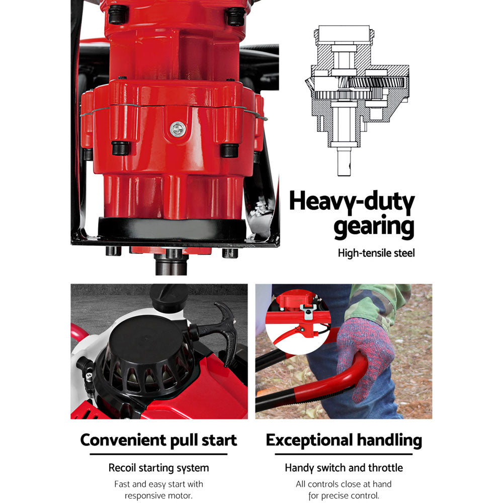 An image of a red and black Giantz Post Hole Digger 92CC Petrol Motor Drill Borer Fence Extension Auger Bits with three different-sized spiral drill bits and two extension rods laid out on a white background. The auger, featuring a vertical gearbox design, appears to be designed for drilling holes into the ground.