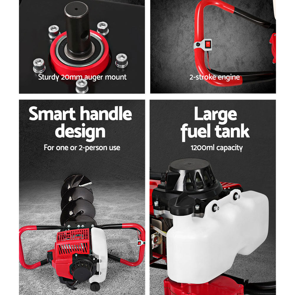 An image of a red and black Giantz Post Hole Digger 92CC Petrol Motor Drill Borer Fence Extension Auger Bits with three different-sized spiral drill bits and two extension rods laid out on a white background. The auger, featuring a vertical gearbox design, appears to be designed for drilling holes into the ground.