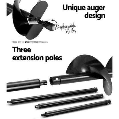 An image of a red and black Giantz Post Hole Digger 92CC Petrol Motor Drill Borer Fence Extension Auger Bits with three different-sized spiral drill bits and two extension rods laid out on a white background. The auger, featuring a vertical gearbox design, appears to be designed for drilling holes into the ground.