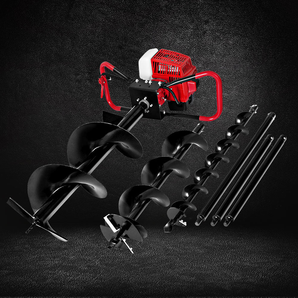 An image of a red and black Giantz Post Hole Digger 92CC Petrol Motor Drill Borer Fence Extension Auger Bits with three different-sized spiral drill bits and two extension rods laid out on a white background. The auger, featuring a vertical gearbox design, appears to be designed for drilling holes into the ground.