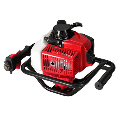 Image of a Giantz 92CC Post Hole Digger Motor Only Engine Petrol Red with a robust 92cc engine. The device features an advanced vertical gearbox design, vented housing for cooling, and two handles for easy operation. The engine has a pull-start mechanism on top, and there is an attached fuel tank.